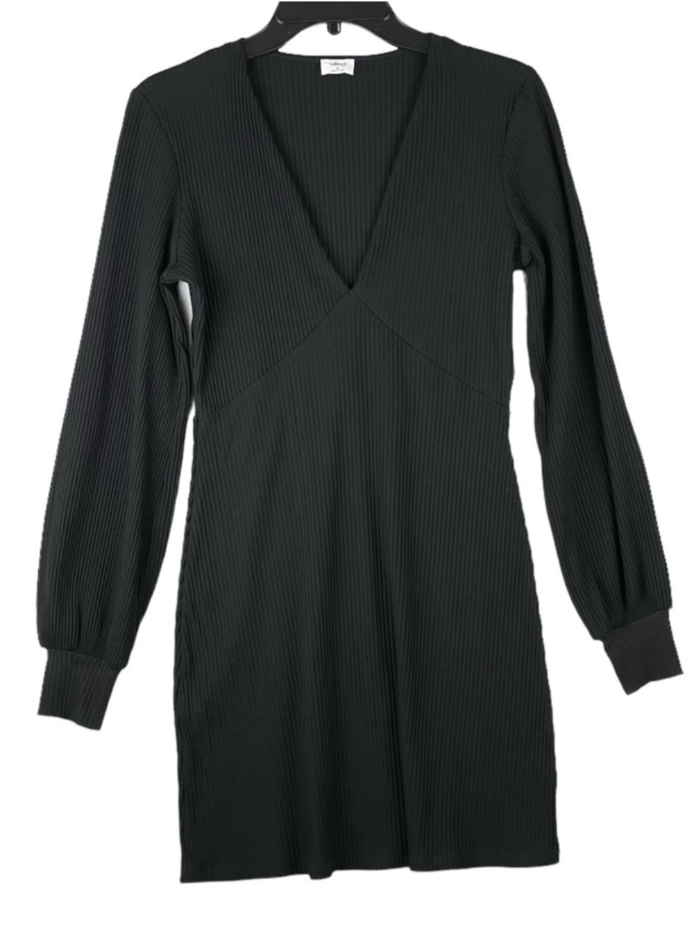 Aritzia Wilfred Jeanne Black Ribbed Mini Dress Puff Sleeves V-Neck Size Small
